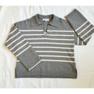Madewell Gray and White Striped V-Neck Sweater